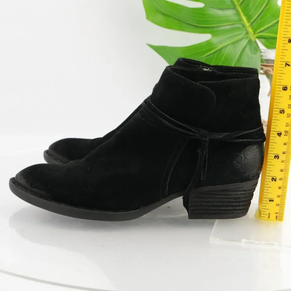 Born Womens Isobelle Boots Size 10 Black Suede Distresed Booties Low Heel Fringe